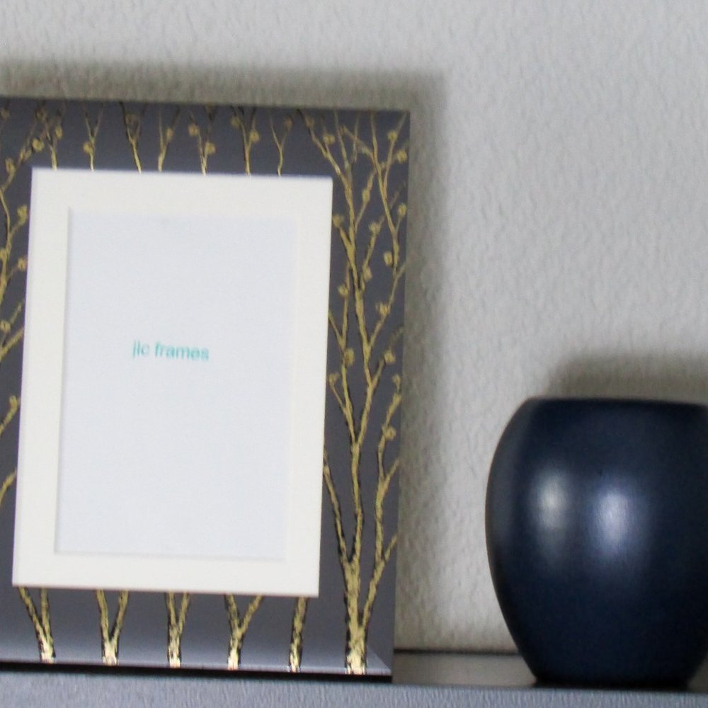 NWT Hand Painted Gold and Black Flowering Trees on Charcoal Gray Frame 5x7